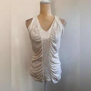 Worthington Cream Ruched Sequin Trim Tank‎ Top V-Neck Sleeveless Blouse Large